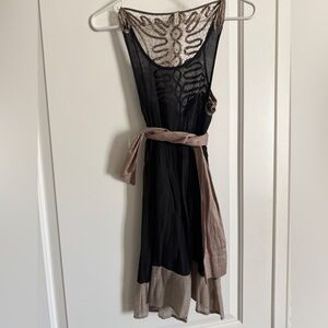 Black Sleeveless Mini Dress with Taupe Accents and Waist Sash
